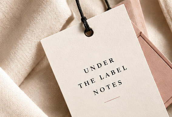 Under the Label Notes tag on textured cream fabric
